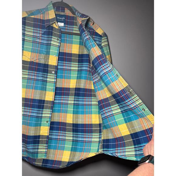 Wrangler Pearl Snap Med Mens Bright Color Short Sleeve Plaid Western Shirt - Picture 11 of 14